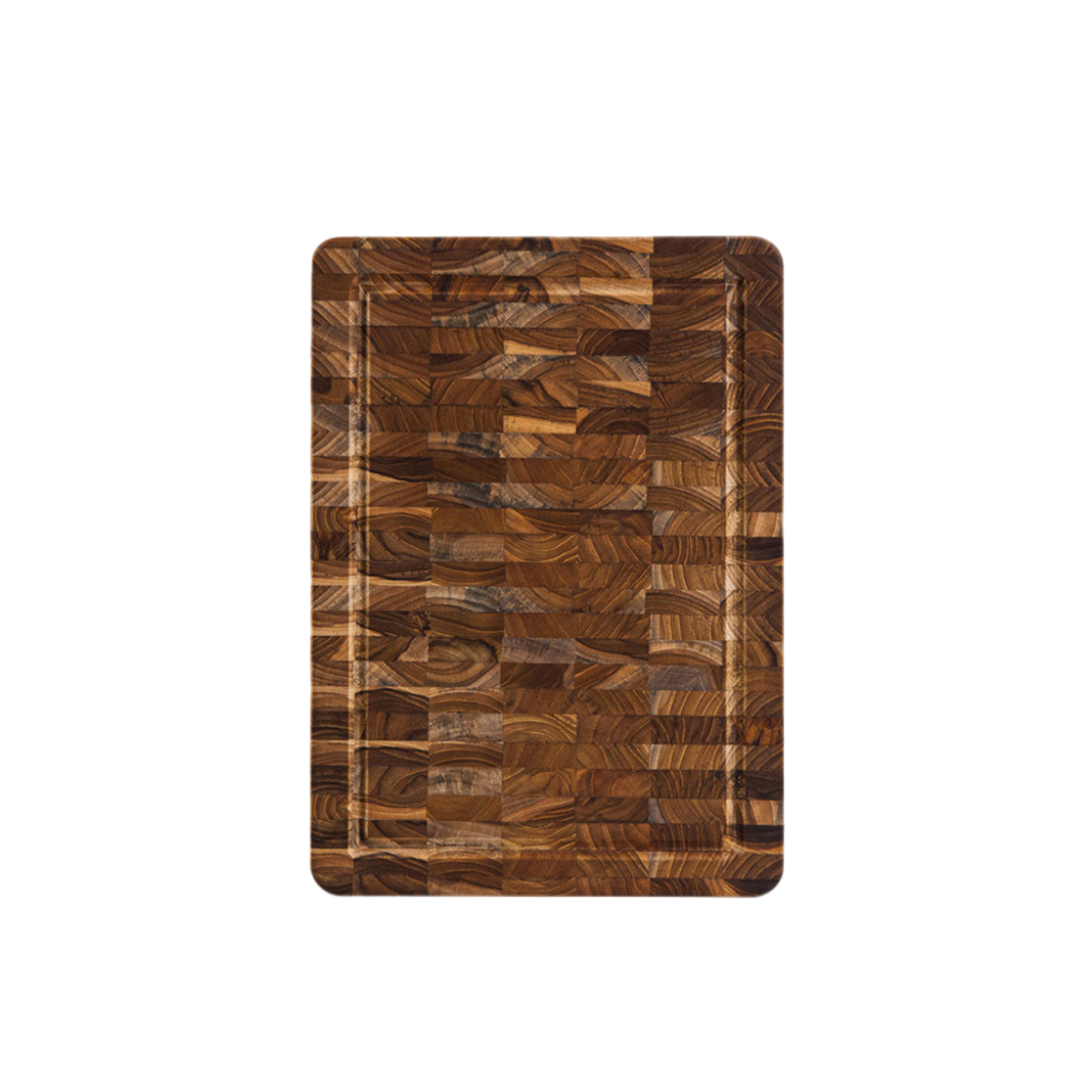 Rectangular end grain teak cutting board with a perimeter juice canal and mosaic wood pattern.