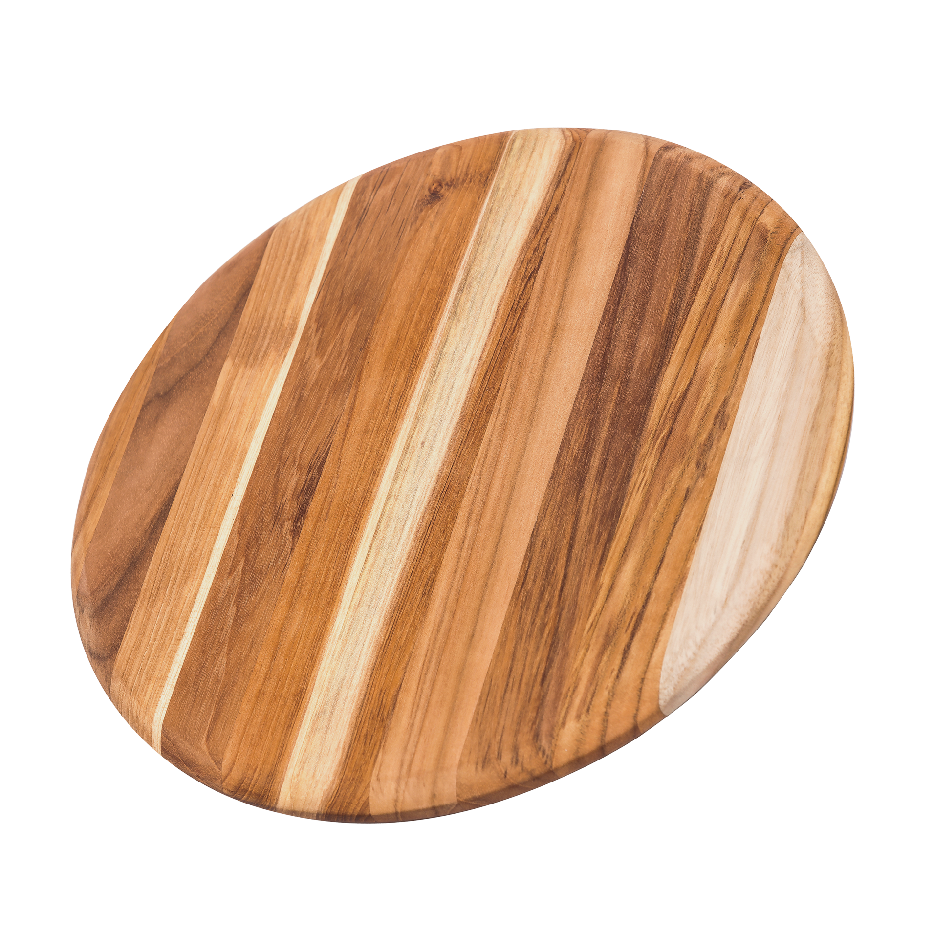 Round teakwood cutting board with smooth rounded edges and a natural edge grain pattern.